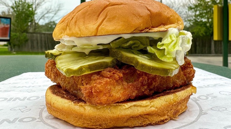 Sonic Drive-in fish sandwich sitting on wrapper