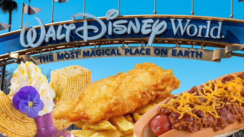 Various foods underneath the Disney World welcome sign